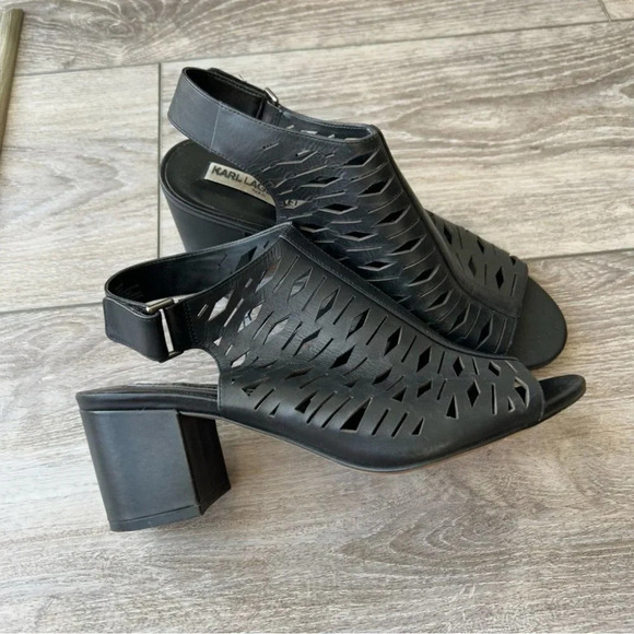 Karl Lagerfeld Hillary Laser Cut  Black Leather Sandals - Picture 1 of 13